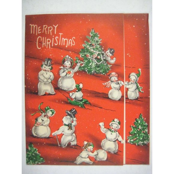 Merry Christmas Card 1949 Used USA Snowmen Snowwomen Sledding Trees USA - Picture 1 of 4